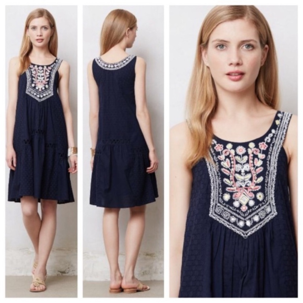 Maeve Anthropologie navy blue Tisa embroidered swing dress
